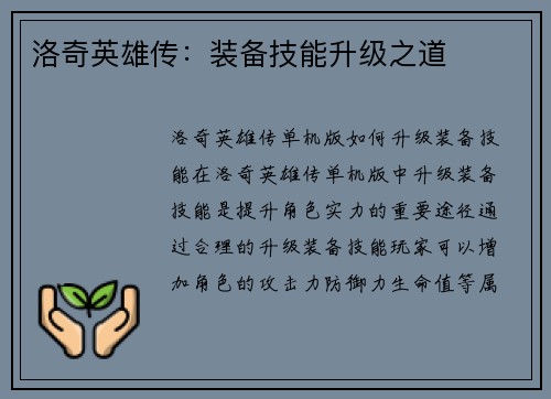 洛奇英雄传：装备技能升级之道